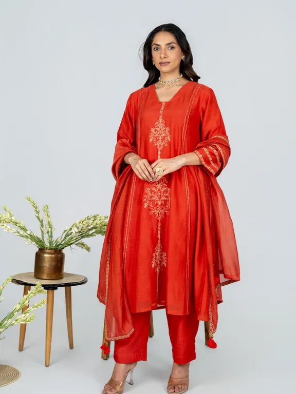 Surmayi saffron Chanderi Kurta Set With Dupatta